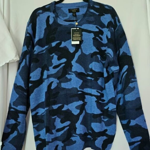 Men's Club Room 100% Cashmere Blue Camouflage Camouflage Crew Neck Sweater Nwt L - Picture 1 of 3
